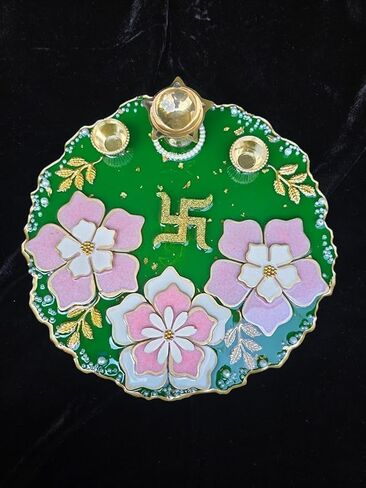 Decorative Handcrafted Resin Pooja Thali 10 Inch for Rakhi - Pink with White Flowers in Kuwait