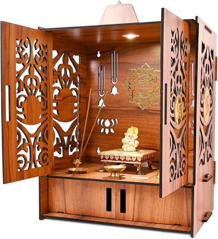 Wooden Temple Mandir for Home with Door Cabinets | Beautiful Pooja Unit with Storage Space | with LED Light and Wall Mounts | Elegant Pooja Mandir for Home Big Size(H-17.3, L-11, B-10.6 inch) Large in Kuwait