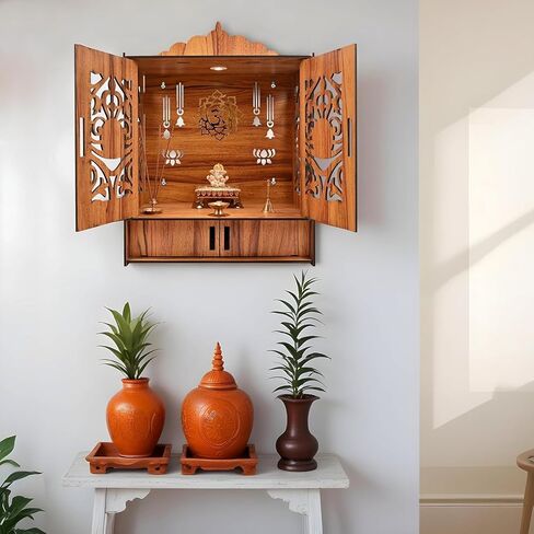 Wooden Temple Mandir for Home with Door Cabinets | Beautiful Pooja Unit with Storage Space | with LED Light and Wall Mounts | Elegant Pooja Mandir for Home Big Size(H-17.3, L-11, B-10.6 inch) Large in Kuwait