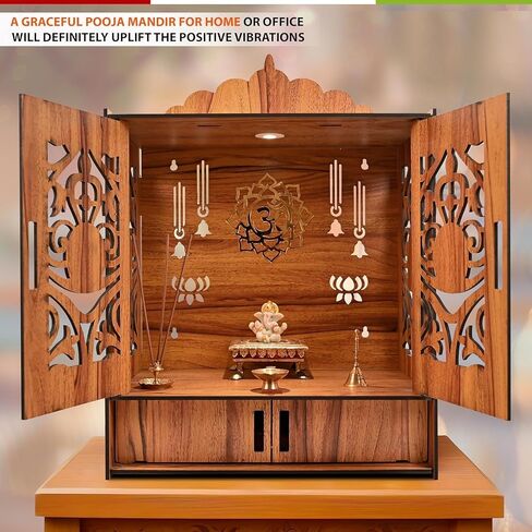 Wooden Temple Mandir for Home with Door Cabinets | Beautiful Pooja Unit with Storage Space | with LED Light and Wall Mounts | Elegant Pooja Mandir for Home Big Size(H-17.3, L-11, B-10.6 inch) Large in Kuwait