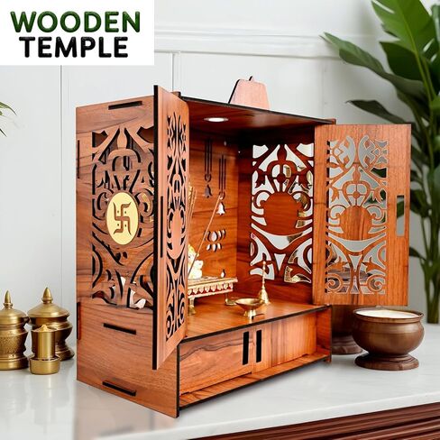 Wooden Temple Mandir for Home with Door Cabinets | Beautiful Pooja Unit with Storage Space | with LED Light and Wall Mounts | Elegant Pooja Mandir for Home Big Size(H-17.3, L-11, B-10.6 inch) Large in Kuwait