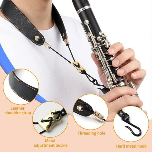 Clarinet Neck Strap with 2 Pcs Clarinet Cloth, A-shaped Design Cleaning Swab & Adjustable Support Strap for Bb/A Clarinets, Blue Cloth Black Strap in Kuwait
