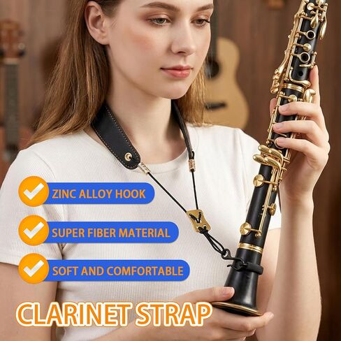 Clarinet Neck Strap with 2 Pcs Clarinet Cloth, A-shaped Design Cleaning Swab & Adjustable Support Strap for Bb/A Clarinets, Blue Cloth Black Strap in Kuwait
