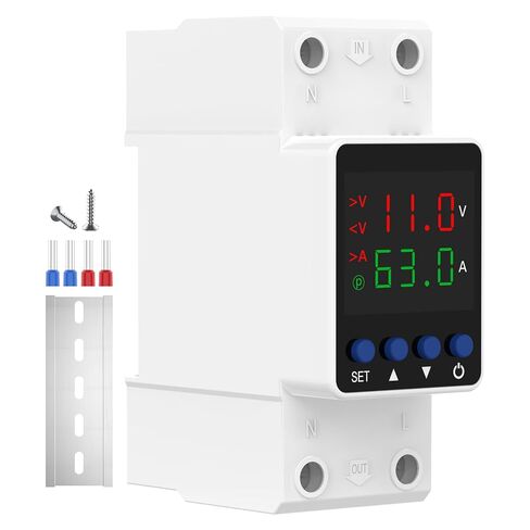 Adjustable Voltage Protector 110V, Over/Under Voltage Cutoff and Overcurrent Protection Relay, Auto Reset 1-63A Smart Circuit Breaker, DIN Rail Mount for Home & Industrial Electrical Circuits in Kuwait