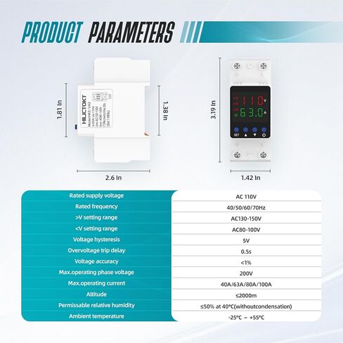 Adjustable Voltage Protector 110V, Over/Under Voltage Cutoff and Overcurrent Protection Relay, Auto Reset 1-63A Smart Circuit Breaker, DIN Rail Mount for Home & Industrial Electrical Circuits in Kuwait