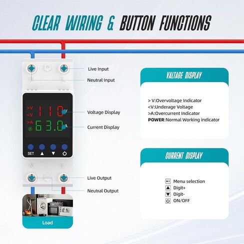Adjustable Voltage Protector 110V, Over/Under Voltage Cutoff and Overcurrent Protection Relay, Auto Reset 1-63A Smart Circuit Breaker, DIN Rail Mount for Home & Industrial Electrical Circuits in Kuwait