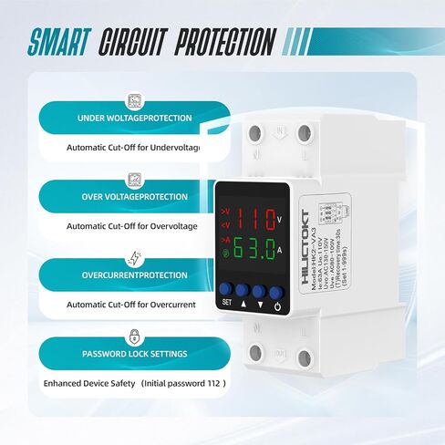 Adjustable Voltage Protector 110V, Over/Under Voltage Cutoff and Overcurrent Protection Relay, Auto Reset 1-63A Smart Circuit Breaker, DIN Rail Mount for Home & Industrial Electrical Circuits in Kuwait