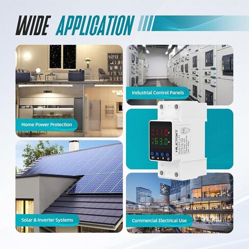 Adjustable Voltage Protector 110V, Over/Under Voltage Cutoff and Overcurrent Protection Relay, Auto Reset 1-63A Smart Circuit Breaker, DIN Rail Mount for Home & Industrial Electrical Circuits in Kuwait