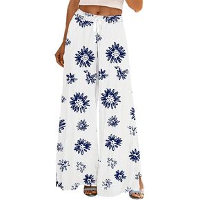 Baggy Palazzo Pants for Women Boho Floral Print Wide Leg Pants Summer Casual Beach Elastic Waist Flowy Trousers in Kuwait