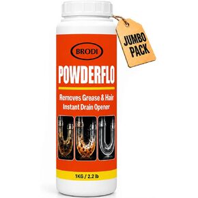 PowderFlo Drain Cleaner Powder, Quickly Dissolves Grease, Hair, Oil & Soap Clog, Fumeless, Drain Opener for Kitchen Sink, Shower, Tub & Floor Lines, Commercial Grade, Large 2.2 lb in Kuwait