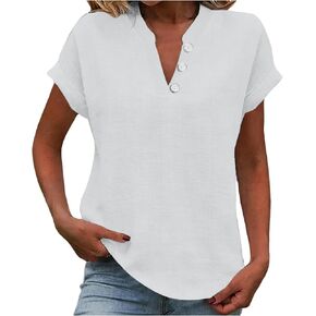 Linen Shirts for Women Short Sleeve V Neck Casual Blouses Summer Breathable Tee Shirts Vacation Fashion Clothes in Saudi Arabia