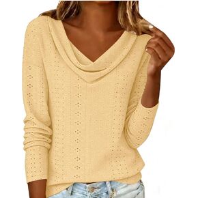 Womens Tops Dressy Fashion Cowl Neck Long Sleeve Hollow Out Blouse Casual Loose Top for Daily Wear in Saudi Arabia
