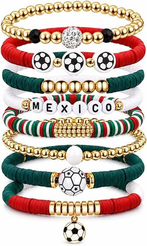 LIU JUN 2026 World Cup Soccer Bracelet Set For Women Men, USA Red White Blue Stretch Acrylic Beaded Game Day Fans Bracelets Fashionable Stackable Patriotic Team Party Gift Jewelry (ESP) in Kuwait