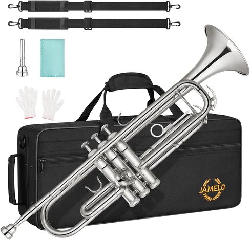 JAMELO Bb Standard Trumpet Set, Brass Trumpet Instrument for Student/Beginner with Carrying Case, 7C Mouthpiece, Cleaning Cloth and Gloves (TP-100, Gold) in Kuwait