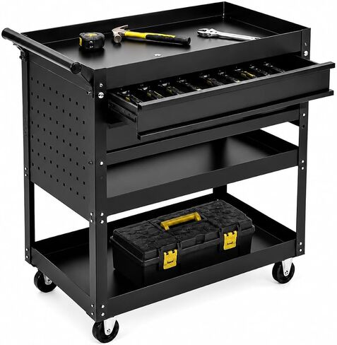 Garvee 30 Inch Rolling Tool Cart on Wheels, 3 Tier Steel Utility Tool Cabinet with 2 Drawer and Casters, Heavy Duty Tool Chest for Garage, Warehouse and Workshop in Kuwait