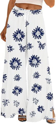 Baggy Palazzo Pants for Women Boho Floral Print Wide Leg Pants Summer Casual Beach Elastic Waist Flowy Trousers in Kuwait