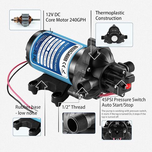WASSERMANN 12V DC RV Water Pump, 3.5GPM 45PSI, 3-Chamber Self-Priming Diaphragm Pump with Pressure Switch for RV Marine Camping Yacht Garden, 1/2"NPSM Connection in Kuwait