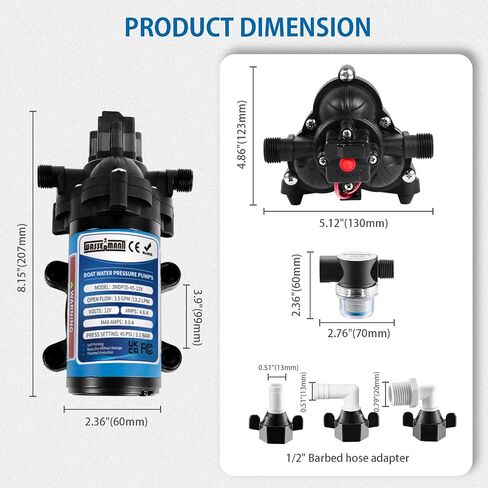 WASSERMANN 12V DC RV Water Pump, 3.5GPM 45PSI, 3-Chamber Self-Priming Diaphragm Pump with Pressure Switch for RV Marine Camping Yacht Garden, 1/2"NPSM Connection in Kuwait