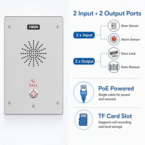 Fanvil i16S SIP Audio Intercom, 1-Button Outdoor Wall-Mount IP Intercom, PoE, 2 SIP Lines, HD Voice, 3W Speaker, IP65, IK10, Access Control I/O, Broadcasting, 7.68 × 4.72 × 1.57 in in Kuwait