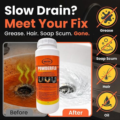 PowderFlo Drain Cleaner Powder, Quickly Dissolves Grease, Hair, Oil & Soap Clog, Fumeless, Drain Opener for Kitchen Sink, Shower, Tub & Floor Lines, Commercial Grade, Large 2.2 lb in Saudi Arabia
