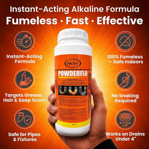 PowderFlo Drain Cleaner Powder, Quickly Dissolves Grease, Hair, Oil & Soap Clog, Fumeless, Drain Opener for Kitchen Sink, Shower, Tub & Floor Lines, Commercial Grade, Large 2.2 lb in Saudi Arabia