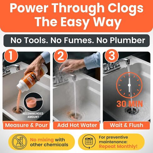 PowderFlo Drain Cleaner Powder, Quickly Dissolves Grease, Hair, Oil & Soap Clog, Fumeless, Drain Opener for Kitchen Sink, Shower, Tub & Floor Lines, Commercial Grade, Large 2.2 lb in Saudi Arabia