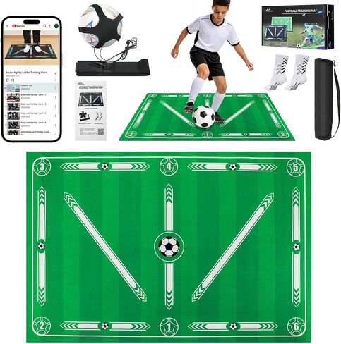 MoKo 35'' × 24'' Soccer Training Mat with Video, Soccer Training Equipment Improve Strength, Agility and Coordination, Non-Slip Socks, Storage Bag, Portable Silent Footwork Mat Gift for Players in Kuwait