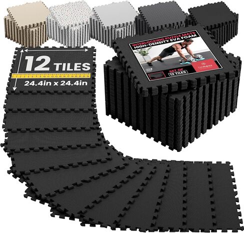 bemaxx Gym Mats Set - 48 pcs EVA Interlocking Foam Floor Tiles (24.4"x24.4"x0.4") 192 sqft Protective Gym Flooring Sports Home Workout Exercise Mats Puzzle Garage Fitness Play-Room Pool Treadmill Bike in Kuwait