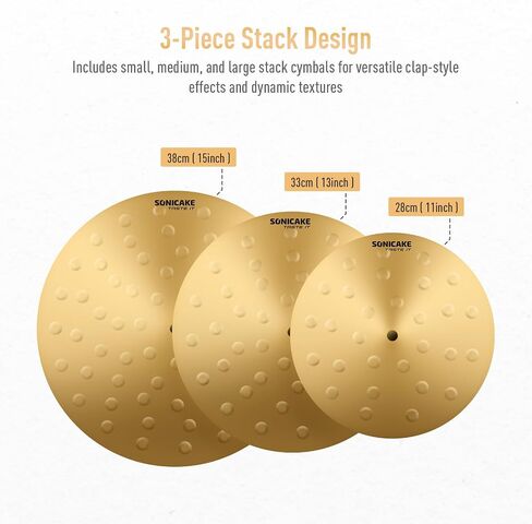 SONICAKE Clap Stack Cymbal Pack، 11 بوصة 13 بوصة 15 بوصة مجموعة الصنج الذهبية Smack Stack Cymbal لمجموعات الطبول، نغمة هجوم واضحة ساطعة، صنج الطبل للتمرين والاستوديو وأداء المسرح in Kuwait