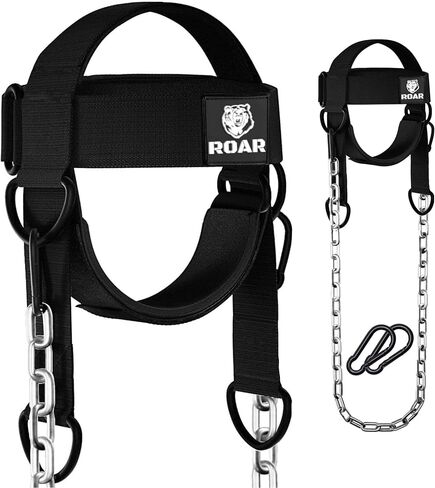 Roar® Neck Harness for Weight Training with Steel Chain & Heavy-Duty D-Rings – Padded Neoprene Head Strap, 4-Way Neck Strength Trainer for MMA, Boxing, Wrestling & Gym – Adjustable, Comfortable & Durable in Kuwait