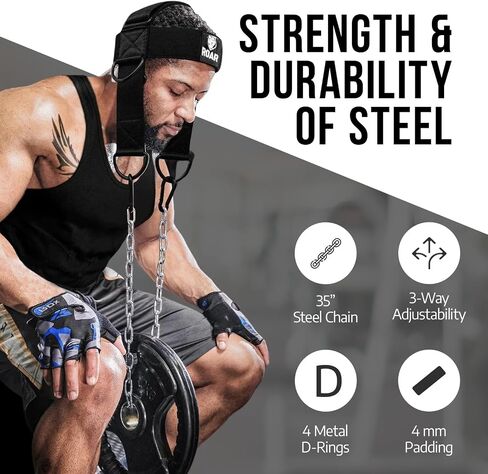 Roar® Neck Harness for Weight Training with Steel Chain & Heavy-Duty D-Rings – Padded Neoprene Head Strap, 4-Way Neck Strength Trainer for MMA, Boxing, Wrestling & Gym – Adjustable, Comfortable & Durable in Kuwait