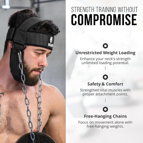 Roar® Neck Harness for Weight Training with Steel Chain & Heavy-Duty D-Rings – Padded Neoprene Head Strap, 4-Way Neck Strength Trainer for MMA, Boxing, Wrestling & Gym – Adjustable, Comfortable & Durable in Kuwait