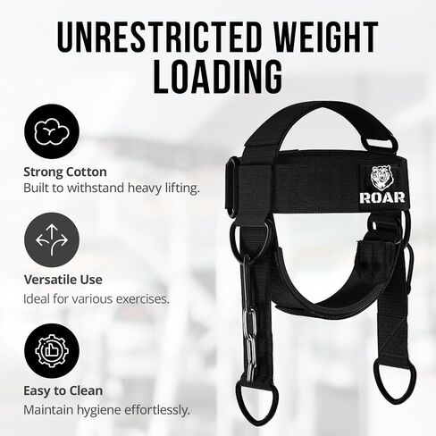 Roar® Neck Harness for Weight Training with Steel Chain & Heavy-Duty D-Rings – Padded Neoprene Head Strap, 4-Way Neck Strength Trainer for MMA, Boxing, Wrestling & Gym – Adjustable, Comfortable & Durable in Kuwait