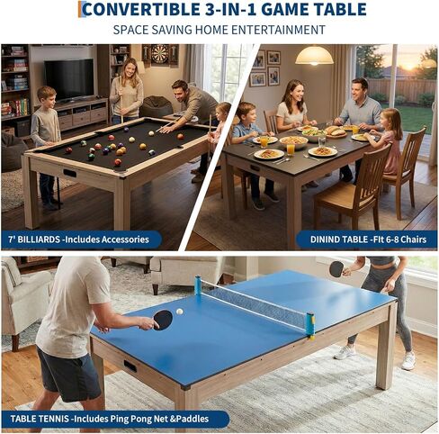 7 ft Pool Table Combo,3 in 1 Pool, Dining, & Table Tennis with Full Accessories,HDF Wood Grain Finish & Chrome Accents in Kuwait