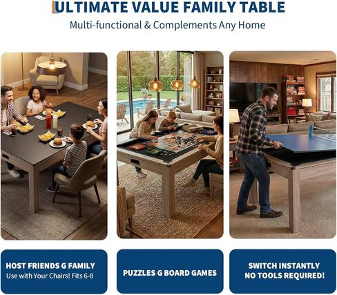 7 ft Pool Table Combo,3 in 1 Pool, Dining, & Table Tennis with Full Accessories,HDF Wood Grain Finish & Chrome Accents in Kuwait