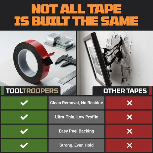 شريط تثبيت مزدوج الجوانب آمن على الحائط من TOOLTROOPERS - شريط لاصق عالي التحمل على الوجهين - إزالة خالية من التلف، لا بقايا - بطانة سهلة التقشير للمنزل والمكتب والملصقات واللافتات - لفة بطول 16.4 قدم (أسود) in Kuwait