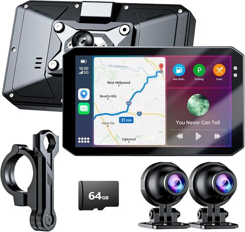 YESOK كاميرا أمامية وخلفية للدراجات النارية مقاس 5 بوصات، كاميرا دراجة نارية 1080P+1080P، CarPlay وAndroid Auto، تتميز بمقاومة IP67، رؤية ليلية، نظام تحديد المواقع العالمي ومراقبة وقوف السيارات، 5G Wi-Fi، بطاقة 64 جيجابايت متضمنة in Kuwait