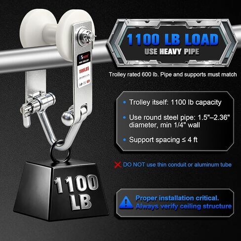 1100LB Pipe Trolley for 1.37"-2.36" Round Pipe, Overhead Garage Lift for Ceiling Track & Workshop in Saudi Arabia