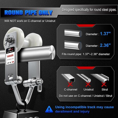 1100LB Pipe Trolley for 1.37"-2.36" Round Pipe, Overhead Garage Lift for Ceiling Track & Workshop in Saudi Arabia
