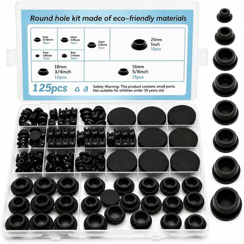 125 Pcs Black Rubber Plugs for Round Holes, Various Sizes of Round Hole Silicone Tool, 8 Sizes of Rubber Grommets Rubber Stoppers Plugs Suitable for Car Wiring Furniture in Kuwait