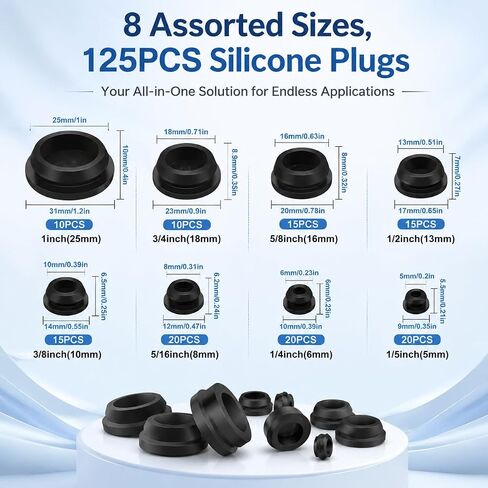 125 Pcs Black Rubber Plugs for Round Holes, Various Sizes of Round Hole Silicone Tool, 8 Sizes of Rubber Grommets Rubber Stoppers Plugs Suitable for Car Wiring Furniture in Kuwait