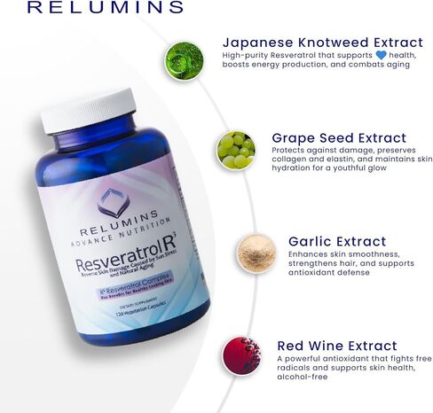 الملحق Relumins Resveratrol 600mg-مضادات الأكسدة عالية التقدم مع مستخلص بذور العنب والنبيذ الأحمر-يدعم الجلد وصحة القلب والمناعة-120 كبسولات نباتية in Kuwait
