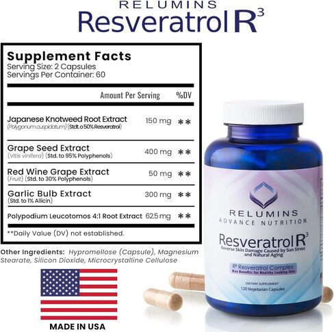 الملحق Relumins Resveratrol 600mg-مضادات الأكسدة عالية التقدم مع مستخلص بذور العنب والنبيذ الأحمر-يدعم الجلد وصحة القلب والمناعة-120 كبسولات نباتية in Kuwait
