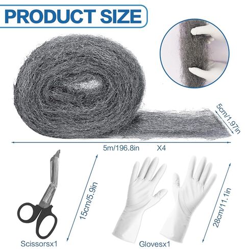 Steel Wool for Mice Control, 4 Pack of 16.5ft*3.1" Thick 0000 Steel Wool for Mouse Hole Filler Gap Blocker for House Wall Cracks Fence, Holes, Vents in Garden/Garage/House(65ft) in Kuwait