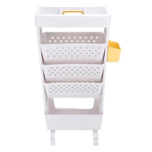 5-Tier Rolling Book Cart Movable Book Rack Portable Bookshelf with Lockable Wheels Cup Holder for Home Office School Library (White) in Saudi Arabia
