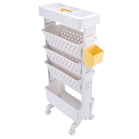 5-Tier Rolling Book Cart Movable Book Rack Portable Bookshelf with Lockable Wheels Cup Holder for Home Office School Library (White) in Saudi Arabia