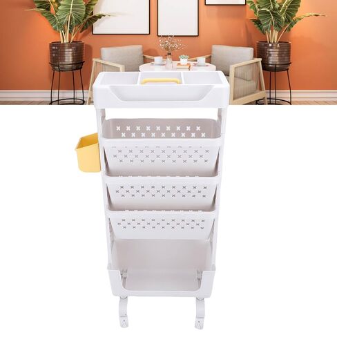 5-Tier Rolling Book Cart Movable Book Rack Portable Bookshelf with Lockable Wheels Cup Holder for Home Office School Library (White) in Saudi Arabia
