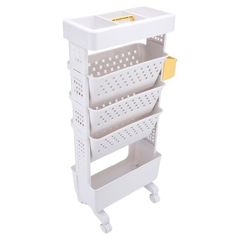 5-Tier Rolling Book Cart Movable Book Rack Portable Bookshelf with Lockable Wheels Cup Holder for Home Office School Library (White) in Saudi Arabia