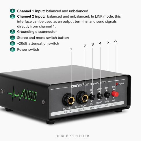 COKYIS Professional stereo DI box/distributor XLR 1/4 inch, high-impedance dual-channel DI box, unbalanced and balanced, for connecting guitars and basses DI20 in Kuwait