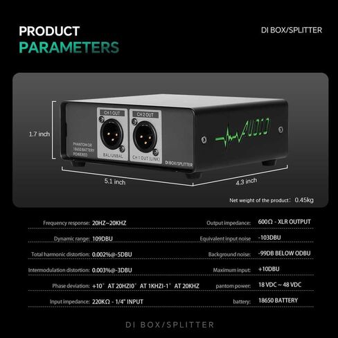 COKYIS Professional stereo DI box/distributor XLR 1/4 inch, high-impedance dual-channel DI box, unbalanced and balanced, for connecting guitars and basses DI20 in Kuwait